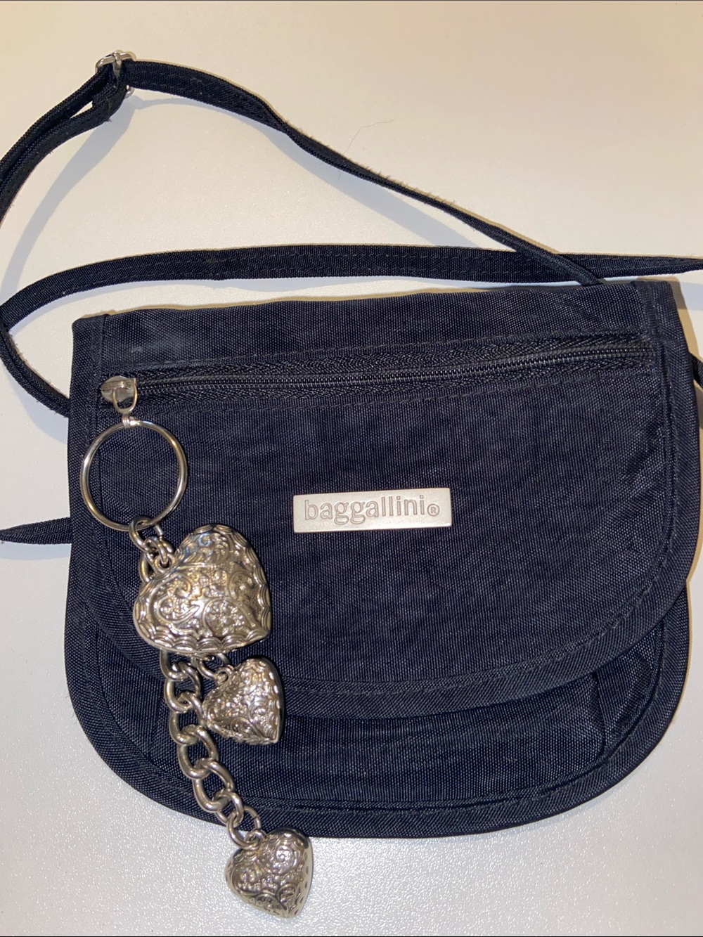 Baggallini Black nylon Crossbody with unbranded Silver Heart Charm Keyring